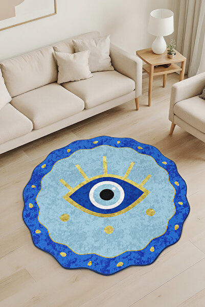Realhomes Mavi Göz Desenli Özel Kesim Yuvarlak Yıkanabilir Kaymaz Taban Halı