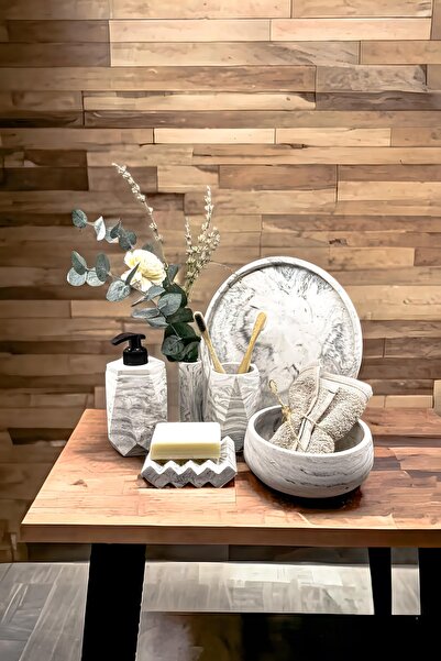 betonmall 6 Piece Marble Patterned Concrete Bathroom Accessory Set |   Soap D...