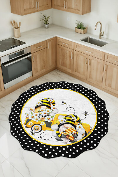 Realhomes Çiçekli Arı Temalı Özel Kesim Yuvarlak Yıkanabilir Kaymaz Taban Mut...