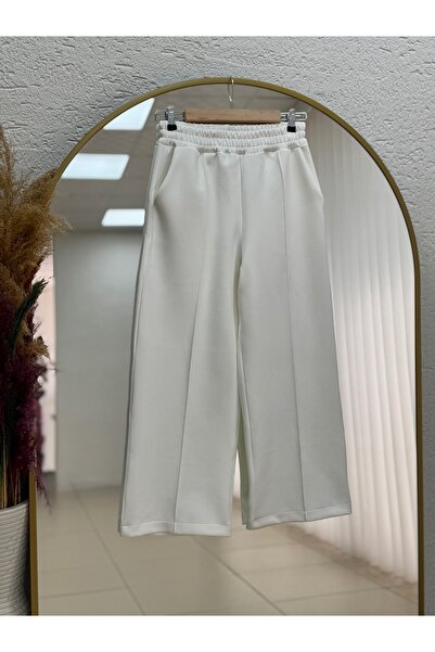 MİHRA STORE Zayna Wide Leg Striped Scuba Diving Pants-Mt3555 White