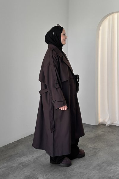 HYWONA Oversized Trench Coat with Long Shoulder Pads Dark Brown