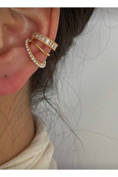 AychaAksesuar Vip Çelik zirkon taşlı incili 3’lü görünüm deliksiz kıkırdak küpe