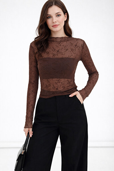 GLAM AURA Women's Elegant Lace Tulle See-Through Blouse