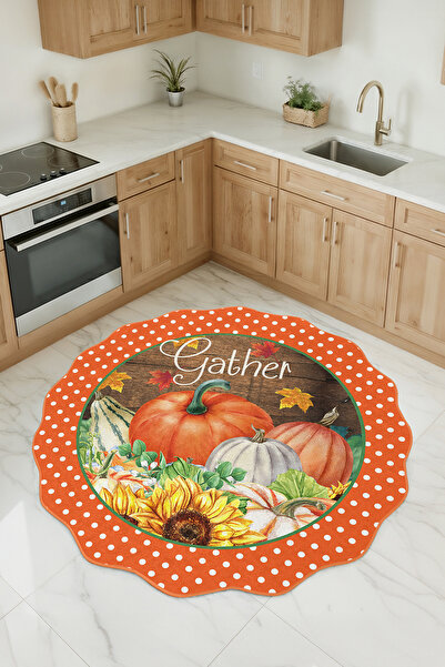 Realhomes Sonbahar Temalı Balkabağı Desenli Özel Kesim Yuvarlak Mutfak Halısı