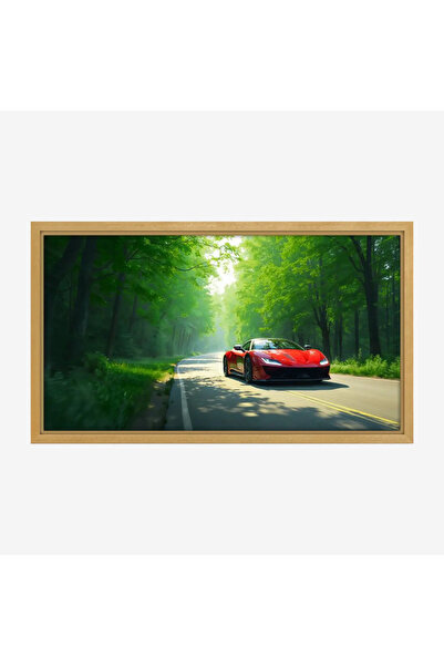 Tajridhome لوحة سيارات - سيارة حمراء - طريق محاط بالأشجار - مشمس - لوحات فن ع...
