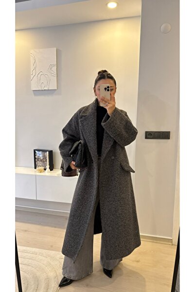 Yaren Aydın Premium Kalite Buklet Dokulu Duble Kol Uzun Antrasit Kaban(geniş ...