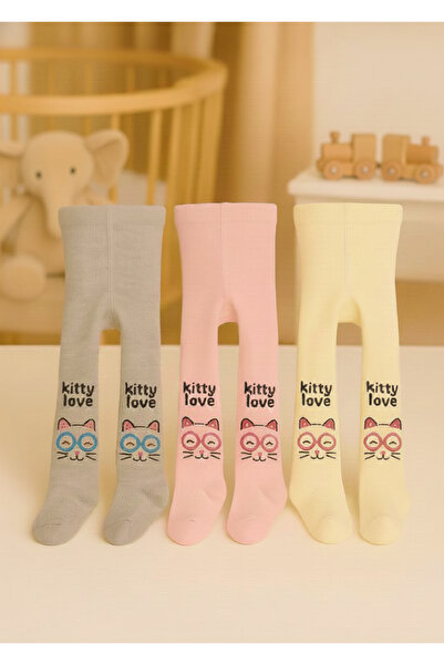 Amélio Kids 3'lü Kız Bebek & Çocuk Havlu/Kışlık Külotlu Çorap Renkli Kedicik ...