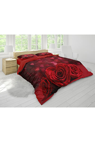 SAREL Romantik Kırmızı Gül Motifli 3D ÇİFT KİŞİLİK NEVRESİM TAKIMI