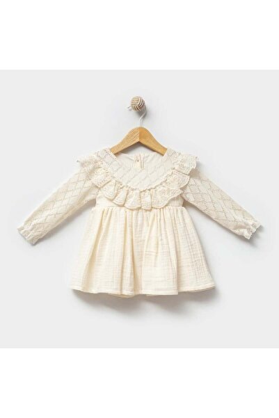 LUSSO Tekstil BEJ DANTELLİ MÜSLİN KIZ BEBEK ELBİSE