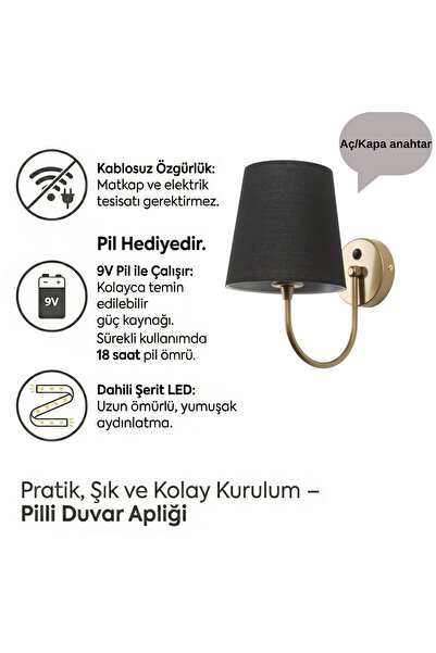 MOİRA Pilli Duvar Apliği,Abajur Ledli Gold Modern Kablosuz Yatak Odası Banyo ...