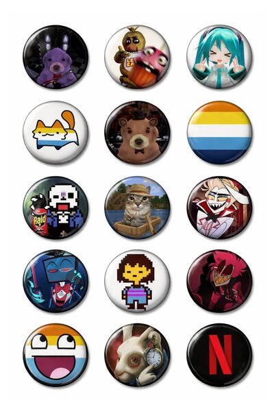 Punky Store Trend Rozet Seti-7-Müzik, Anime ve Mizah Temalı 15’li Rozet (44 mm)