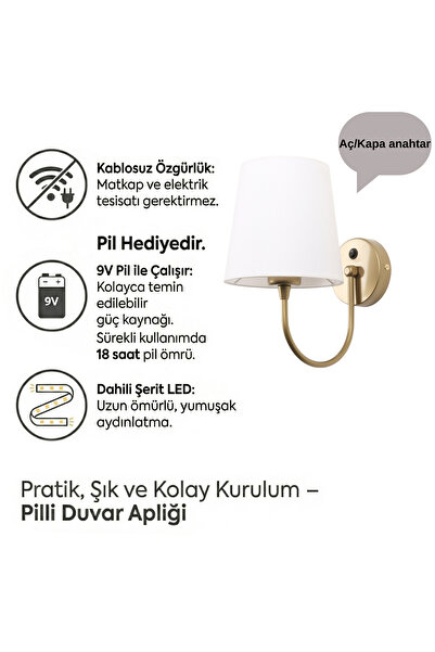 MOİRA Pilli Duvar Apliği,Abajur Ledli Gold Modern Kablosuz Yatak Odası Banyo ...