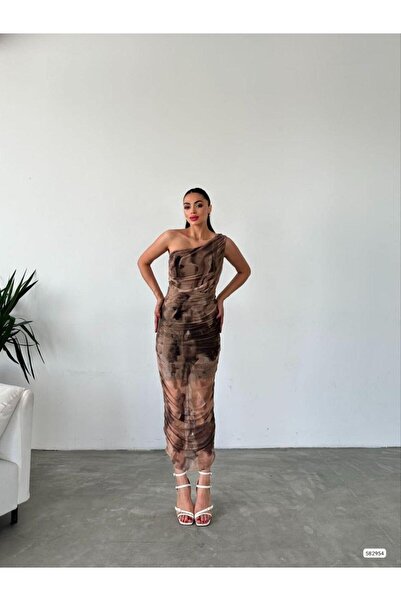 Modafeminen Rochie maro cu un singur umăr, cu model, lungime midi 582954