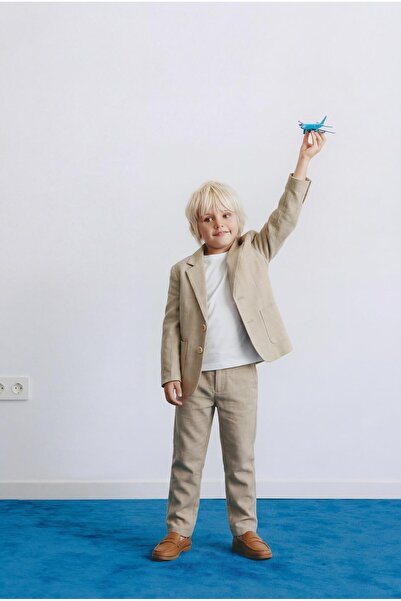 Magu Момчешки комплект от памучен бежов блейзър – включва сако, панталони и т...