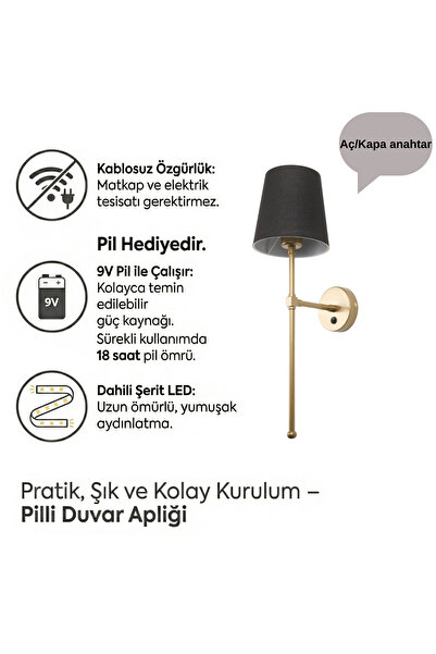 MOİRA Pilli Duvar Apliği,Abajur Ledli Gold Modern Kablosuz Yatak Odası Banyo ...