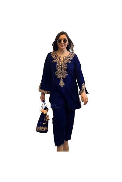 MYSMAR Blue Viscose Velvet Top & Bottom - HRT6434 | Blue