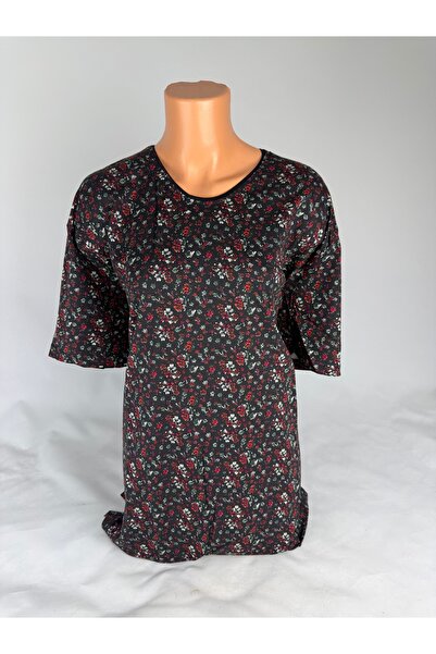 YAŞAR TRİKO Women's Black U-Neck Short Sleeve Floral Pattern Slit Woven Visco...