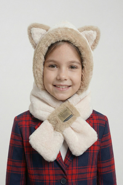 nacar çarşı Kız Çocuk Krem Kedi Kulaklı Peluş Kapüşonlu Atkı - Yumuşak Kışlık...