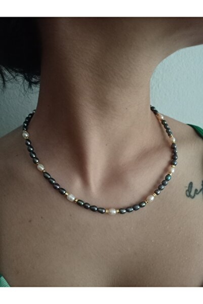 Mudita Tasarım 3/4 mm gerçek doğal siyah ve beyaz inci tasarım kolye