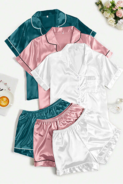 Sweet Dream 6 Piece Womens Silk Satin Pajamas Set Short Sleeve Sleepwear Butt...