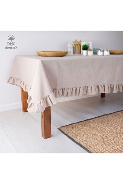 DNC HOMETEX مفرش طاولة من الكتان الفاخر باللون البيج مع كشكشة