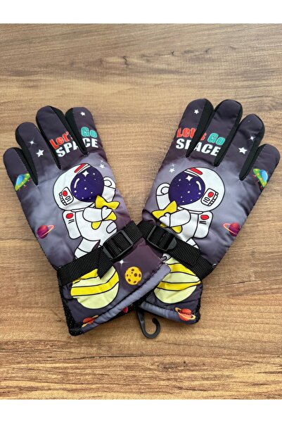 Blotch Astronot Karakterli Siyah Renk Astarlı Çocuk Kayak Ve Kar Eldiveni 6-1...