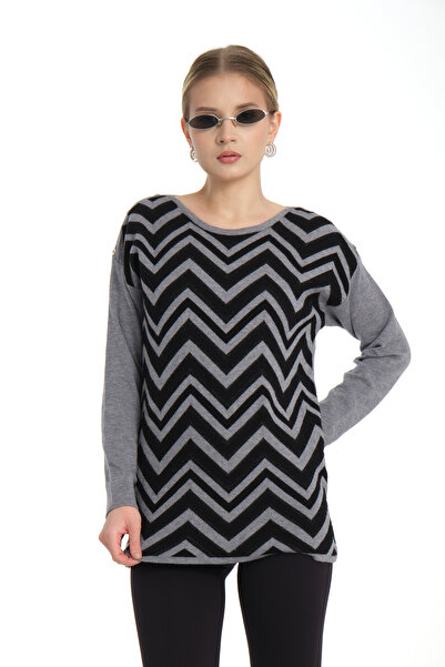 Moda Days Women's Gray Glitter Zigzag Patterned Shoulder Buttoned Crew Neck K...