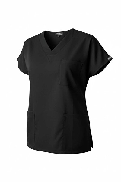 onora Unisex Soft Likra Siyah Hemşire ve Doktor Üniforması ,Tek Üst Scrubs Ün...