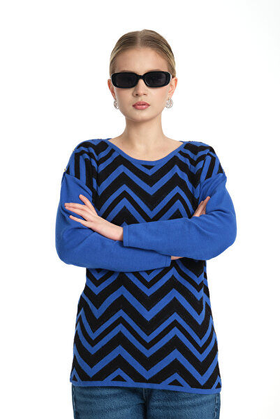 Moda Days Women's Cobalt Blue Silvery Zigzag Patterned Shoulder Buttoned Crew...