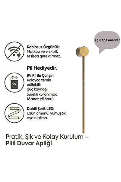 MOİRA Pilli Ledli Duvar Apliği Gold,Modern Kablosuz Tablo,Ayna Kenarı Aç/Kapa...