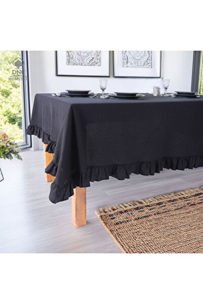 DNC HOMETEX Premium Keten Siyah Fırfırlı Masa Örtüsü