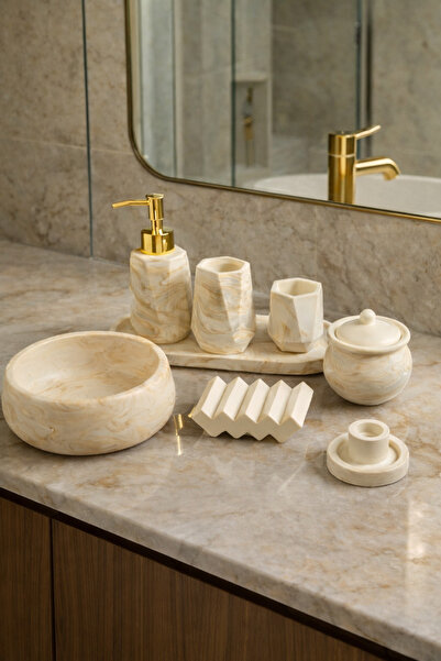 AVZEMA HOME Mermer Görünümlü 7'li Banyo seti Sıvı sabunluk Diş fırçalık kulak...