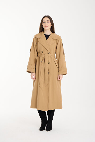 PINTORE Women's Long Trench Coat with Back Pleats and Button Detail