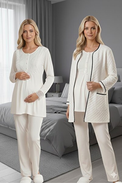 Lohusa Homewear Ekru Şık Kapitoneli Uzun Kollu Dantelli Cep Detaylı Lohusa Ha...