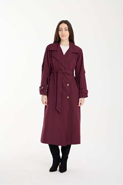 PINTORE Women's Long Trench Coat with Back Pleats and Button Detail