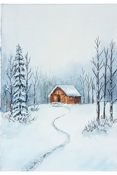 Sarisa Pictură originală în acuarelă fără cadru cu tematică de zăpadă 10x15 c...