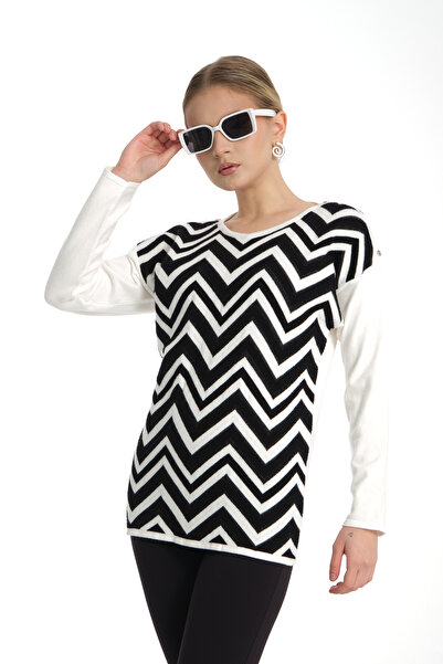 Moda Days Women's White Glitter Zigzag Patterned Shoulder Buttoned Crew Neck ...