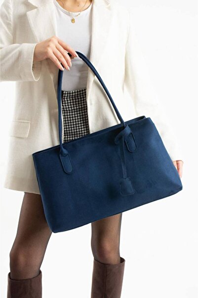 podyumgiyim Navy Blue Suede Shoulder Bag