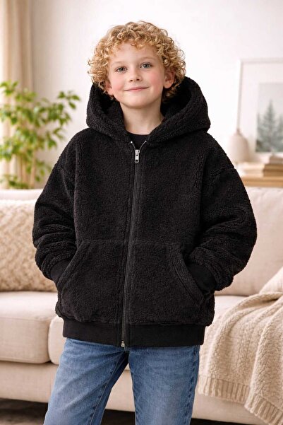 BEBEĞİME ÇORAP Black Plush Kangaroo Pocket Hooded Cardigan