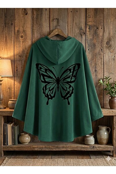 PENTHİLUS Yeşil Anka kelebek Baskılı Kapüşonlu Panço / Pelerin - kelebek sırt...