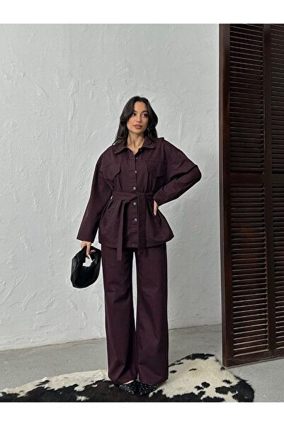 D'RECCY Women's Belted Shirt with Tie-Up Detail and Loose-Legged Jeans Set