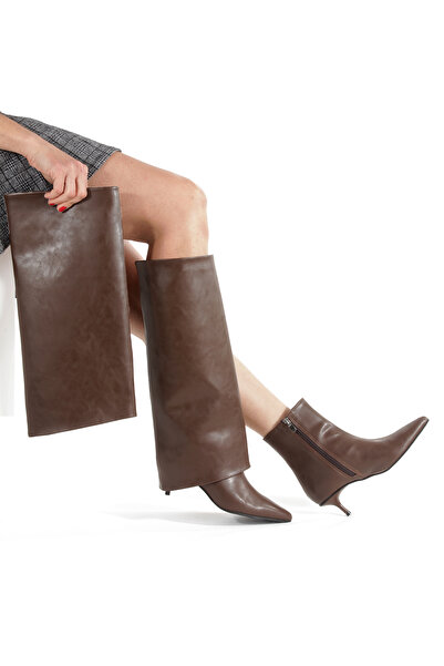 PİMORA Brown Leather Boots Pointed Toe 5 cm Thin Heel New Season