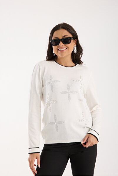 Moda Days Women's White Contrast Bi Piped Lightlet Neckline Knitwear Blouse w...