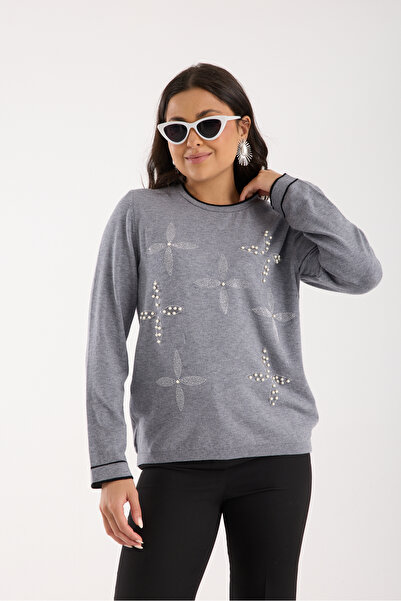 Moda Days Women's Gray Contrast Bi Piped Lightlet Neckline Knitwear Blouse wi...