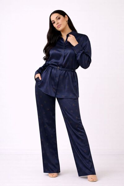 MG GİYİM STORE Cotton Satin High Waist Wide Leg Pants Shirt Set Office Casual...