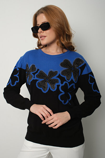 Moda Days Women's Cobalt -Black Two-Tone Stone Detailed Floral Patterned Crew...
