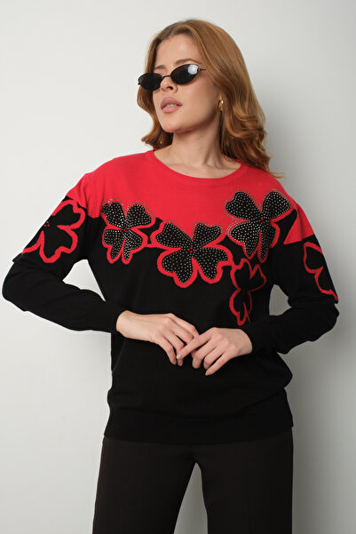 Moda Days Women's Red-Black Two-Tone Stone Detailed Floral Patterned Crew Nec...