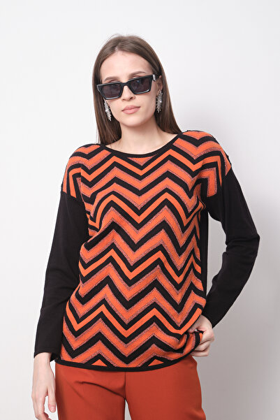 Moda Days Women's Orange-Black Glitter Zigzag Patterned Shoulder Buttoned Cre...