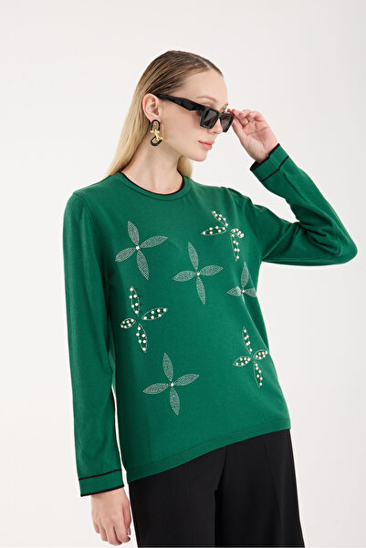 Moda Days Women's Emerald Green Contrast Bi Piped Lightlet Neckline Knitwear ...