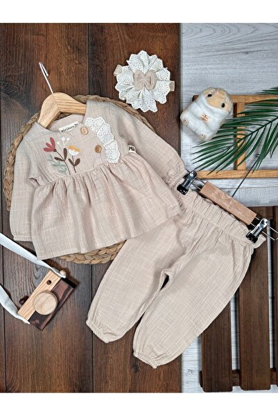 Kids Kingdom Organik Çiçek Desenli Müslin 3lü Kız Bebek Takım